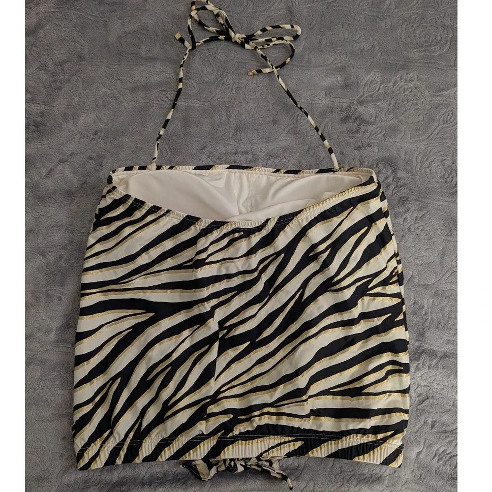 MICHAEL KORS‎ Zebra Print Halter Neck Swim Top  Black White Gold Size S NEW